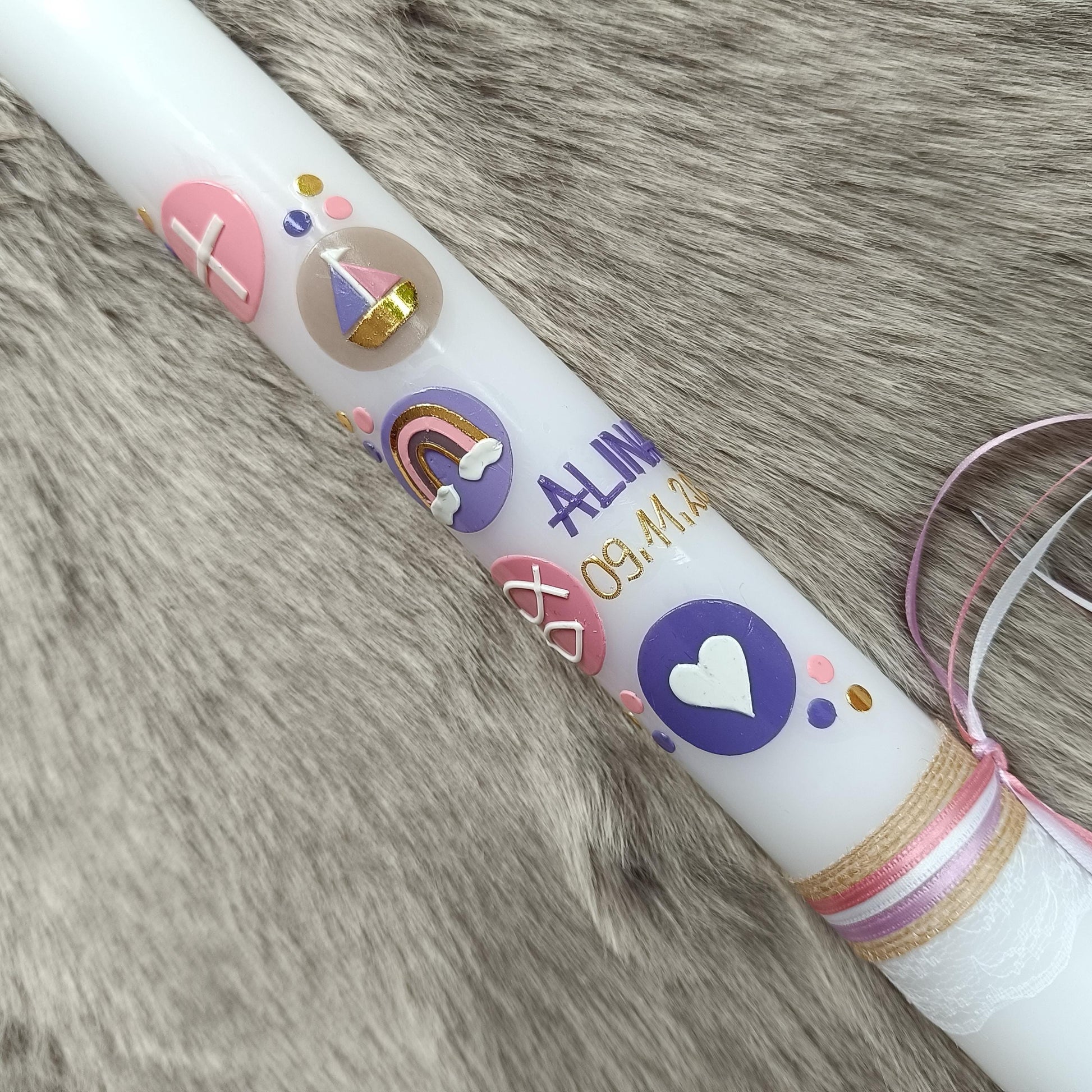 Taufkerze Mädchen Kreise mit Symbolen