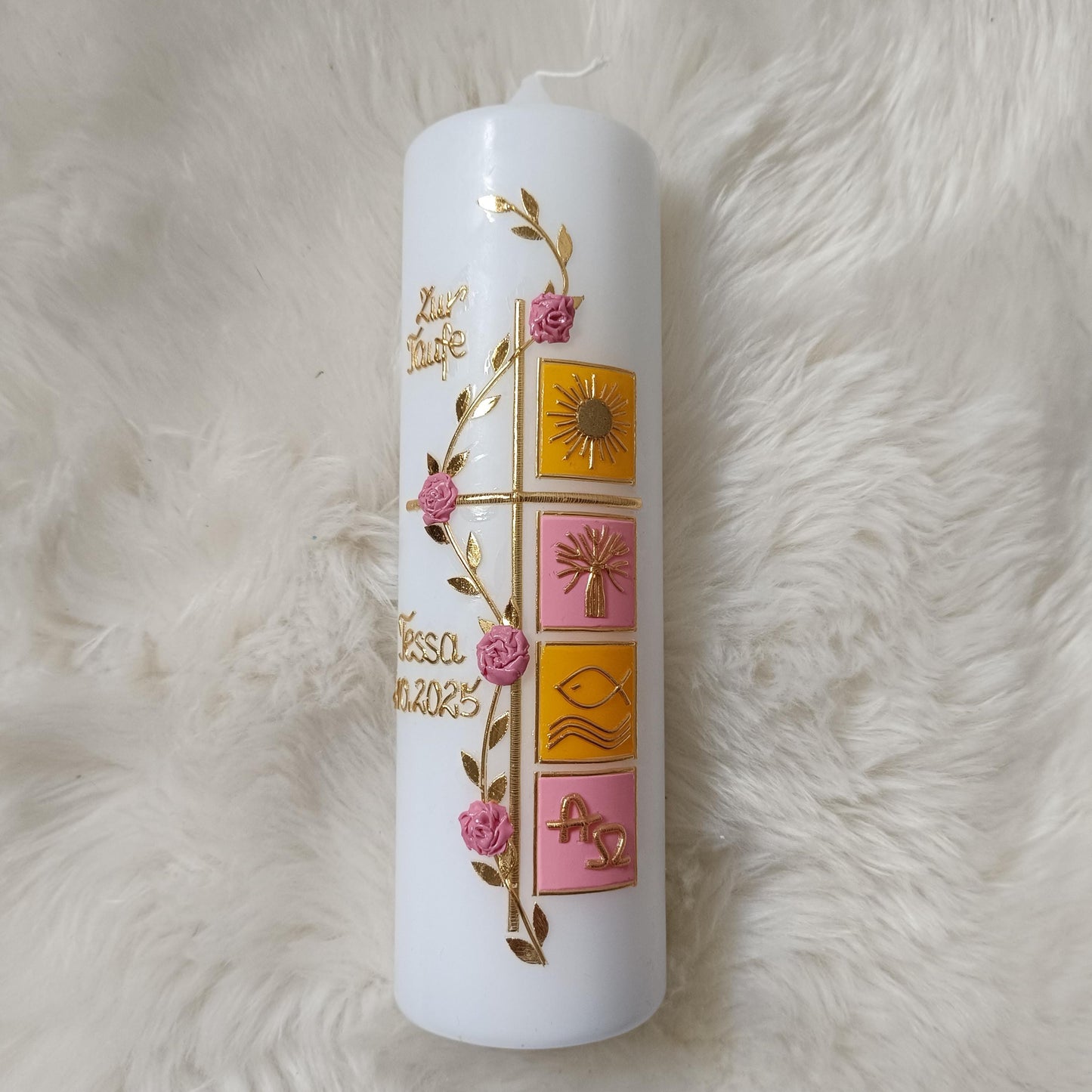 Taufkerze Mädchen Rosa-Gelb