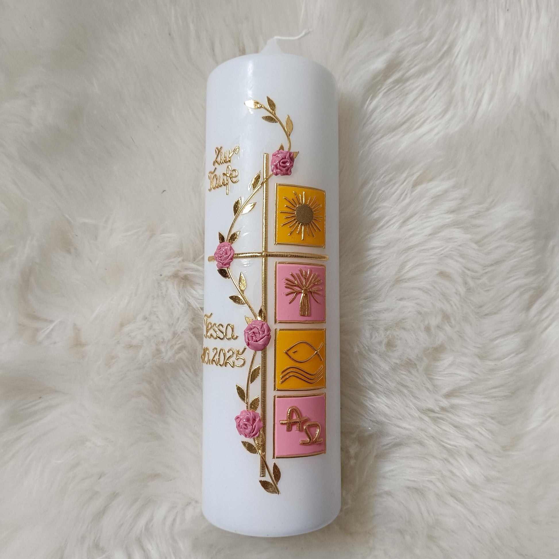 Taufkerze Mädchen Rosa-Gelb