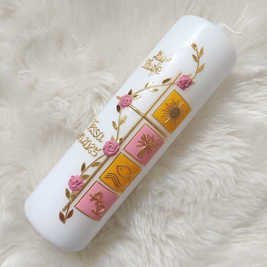 Taufkerze Mädchen Rosa-Gelb