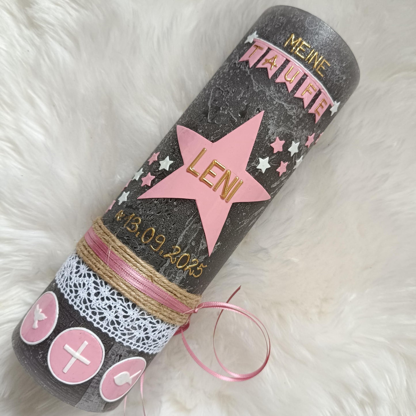 RUSTICA, VINTAGE-Look, SHABBY, Taufkerze, Mädchen, Rustikal, Stern, Wimpel, Junge, Kerze, Taufe, keine Folie, inkl Wachsbeschriftung