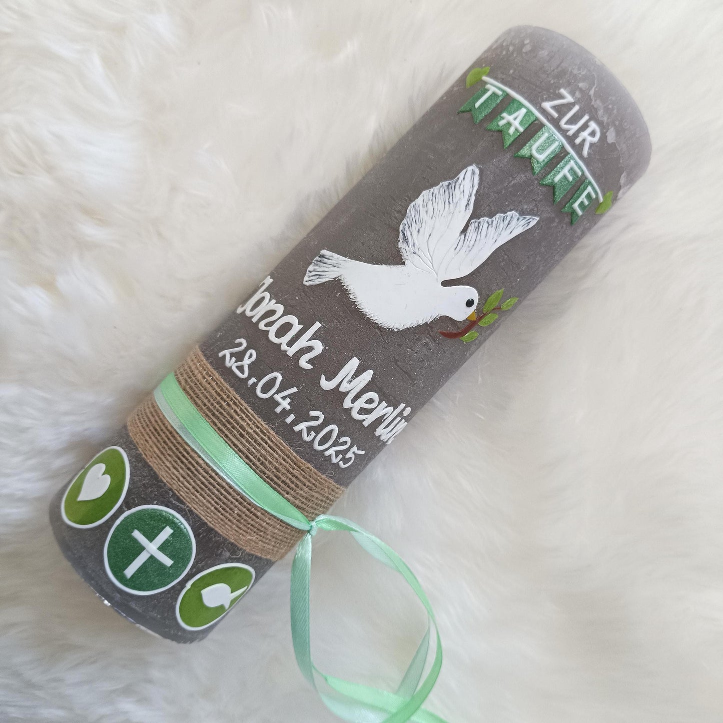 RUSTICA, VINTAGE-Look, SHABBY, Rustikal, Taufkerze, Friedenstaube, Taube, Mädchen, Junge, rosa, Wachsbeschriftung, Farbwünsche möglich