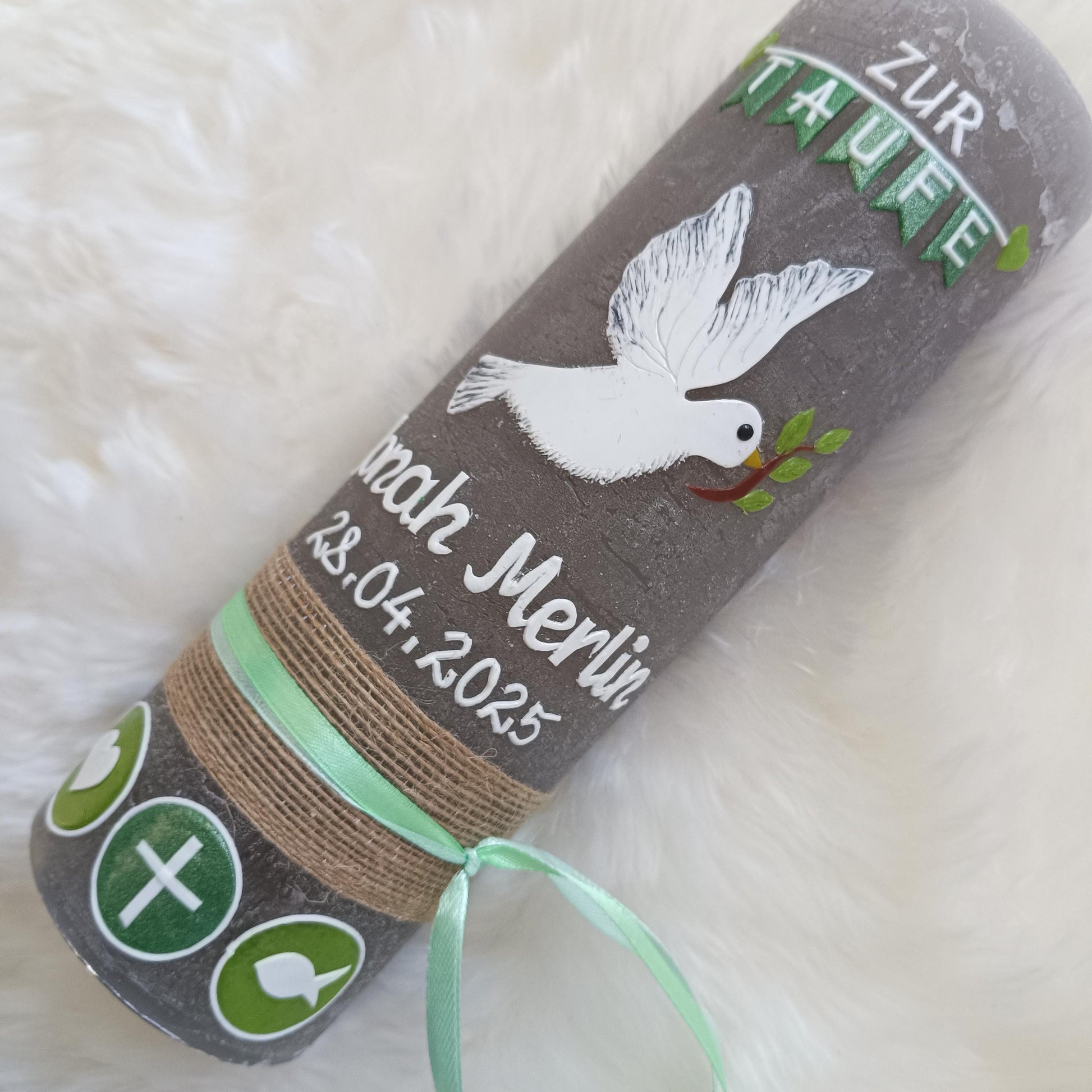 RUSTICA, VINTAGE-Look, SHABBY, Rustikal, Taufkerze, Friedenstaube, Taube, Mädchen, Junge, rosa, Wachsbeschriftung, Farbwünsche möglich