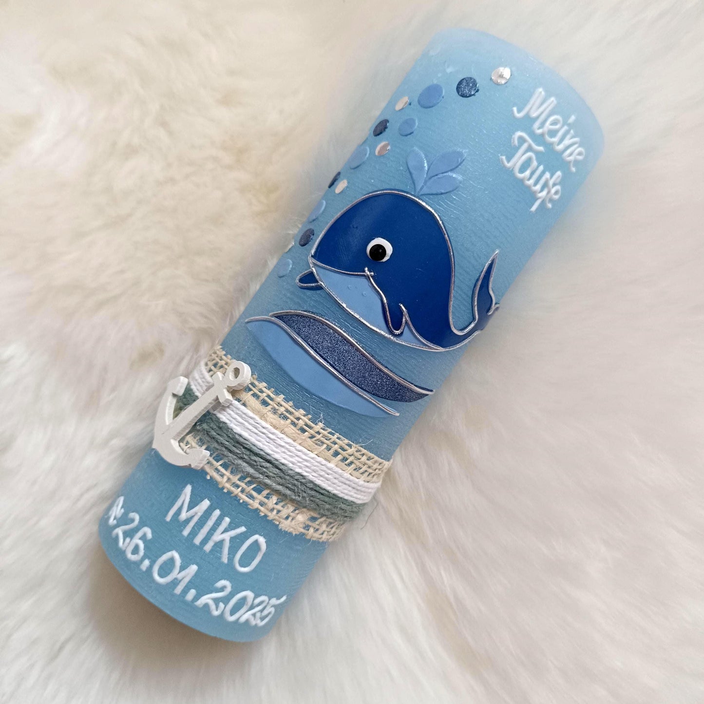 Taufkerze Wal, Rustikal RUSTICA, VINTAGE-Look, SHABBY, Mädchen, Junge, Kerze, keine Folie, Wachsbeschriftung, Farbwünsche möglich