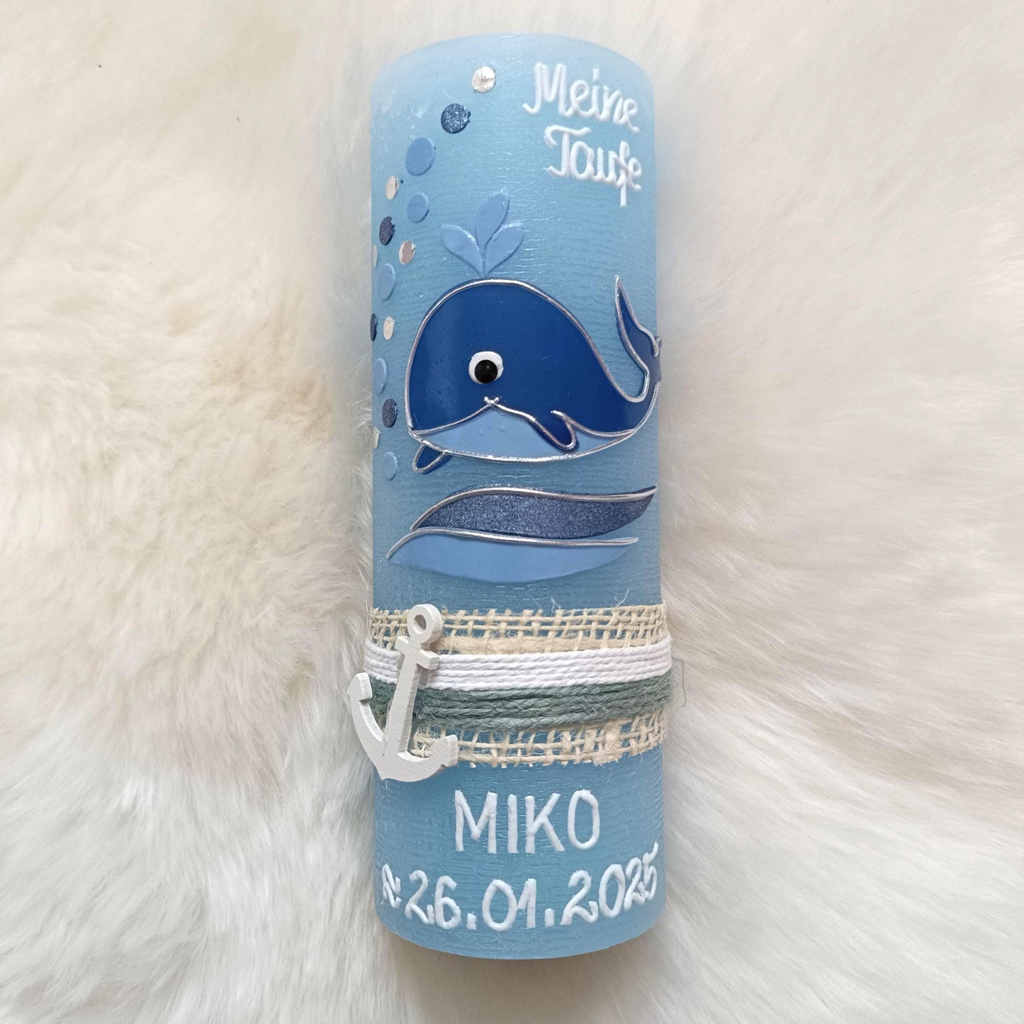 Taufkerze Wal, Rustikal RUSTICA, VINTAGE-Look, SHABBY, Mädchen, Junge, Kerze, keine Folie, Wachsbeschriftung, Farbwünsche möglich