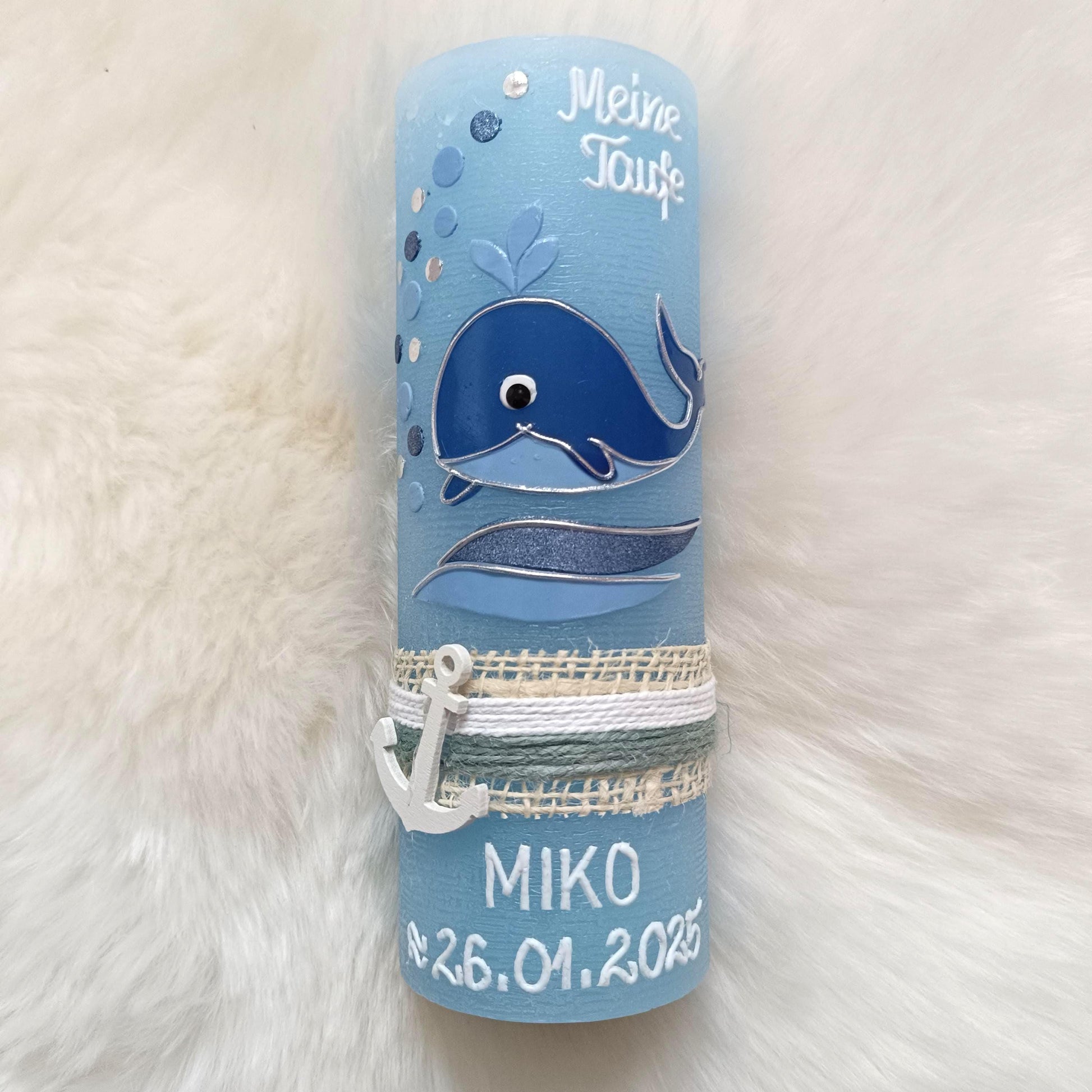Taufkerze Wal, Rustikal RUSTICA, VINTAGE-Look, SHABBY, Mädchen, Junge, Kerze, keine Folie, Wachsbeschriftung, Farbwünsche möglich