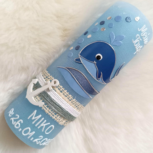 Taufkerze Wal, Rustikal RUSTICA, VINTAGE-Look, SHABBY, Mädchen, Junge, Kerze, keine Folie, Wachsbeschriftung, Farbwünsche möglich