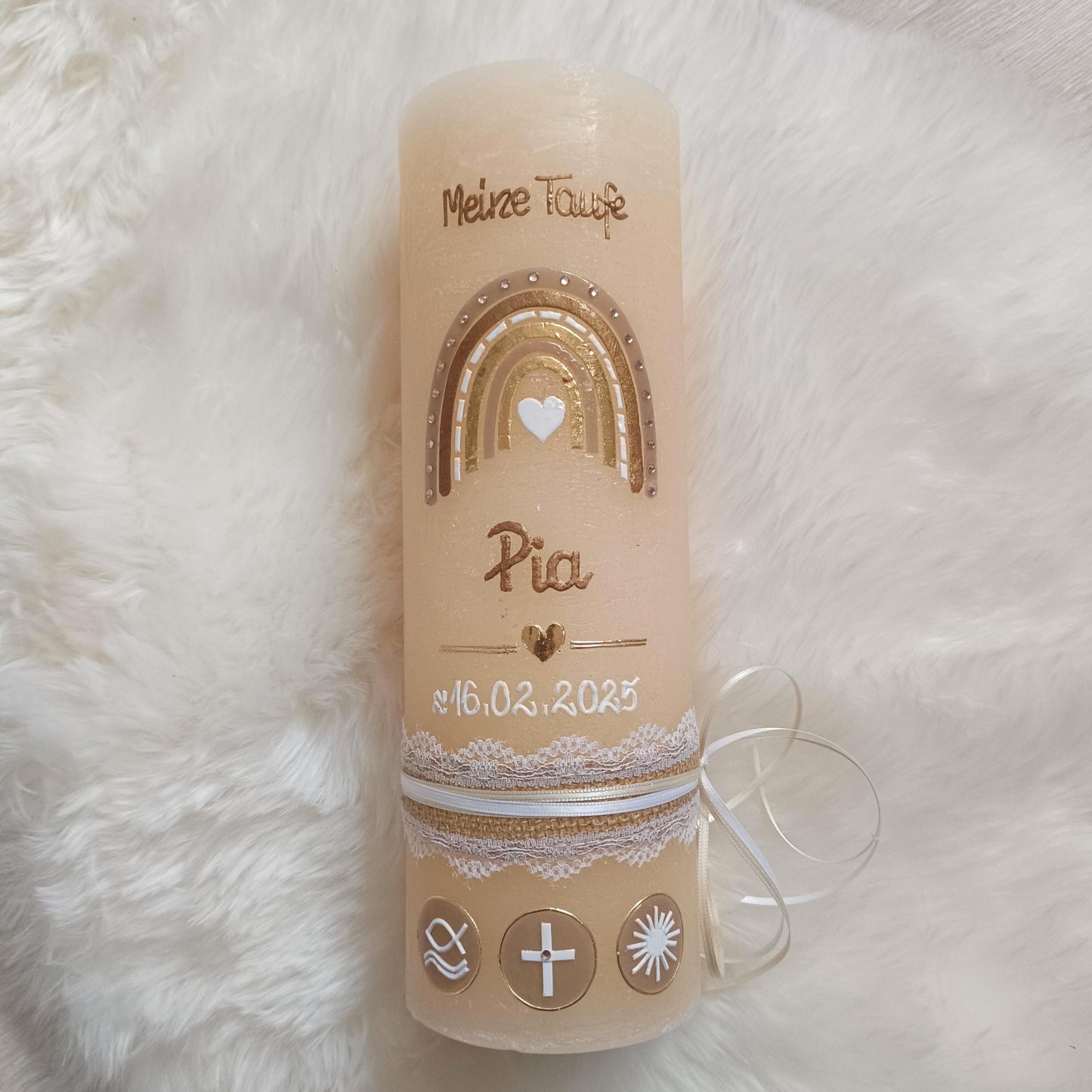 Taufkerze Rustica Vintage-Look Shabby Rustikal, Regenbogen Kreuz Herz Fisch Jungen beige creme Farbwünsche, Mädchen inkl Wachsbeschriftung