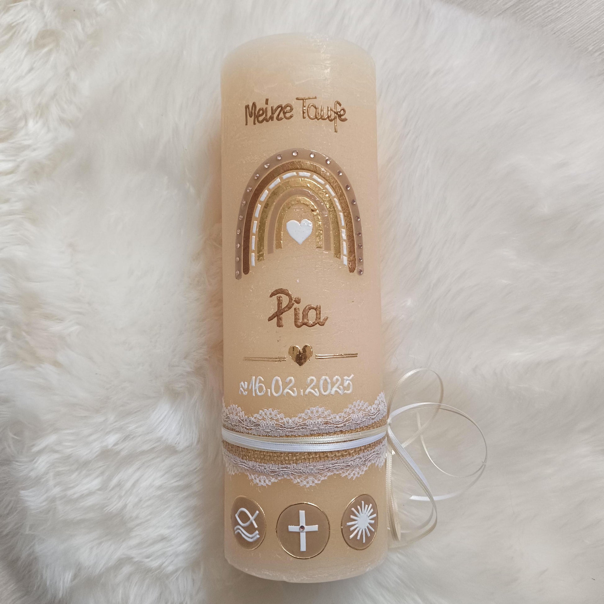 Taufkerze Rustica Vintage-Look Shabby Rustikal, Regenbogen Kreuz Herz Fisch Jungen beige creme Farbwünsche, Mädchen inkl Wachsbeschriftung