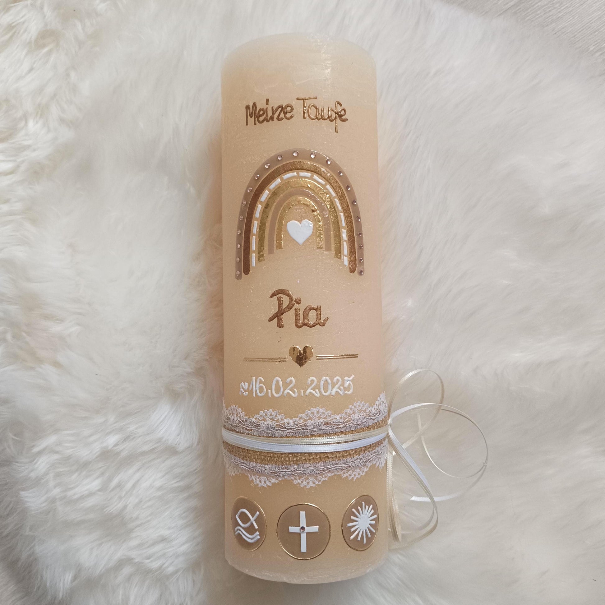 Taufkerze Rustica Vintage-Look Shabby Rustikal, Regenbogen Kreuz Herz Fisch Jungen beige creme Farbwünsche, Mädchen inkl Wachsbeschriftung