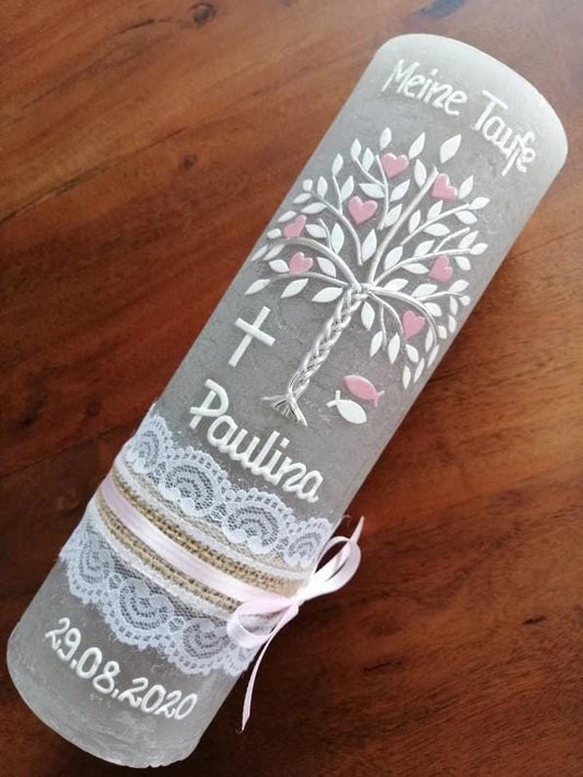 Taufkerze Mädchen, RUSTICA, VINTAGE-Look, SHABBY, Rustikal, Lebensbaum, Baum, Junge, Kerze, Taufe, Teller, Aufbewahrung Box