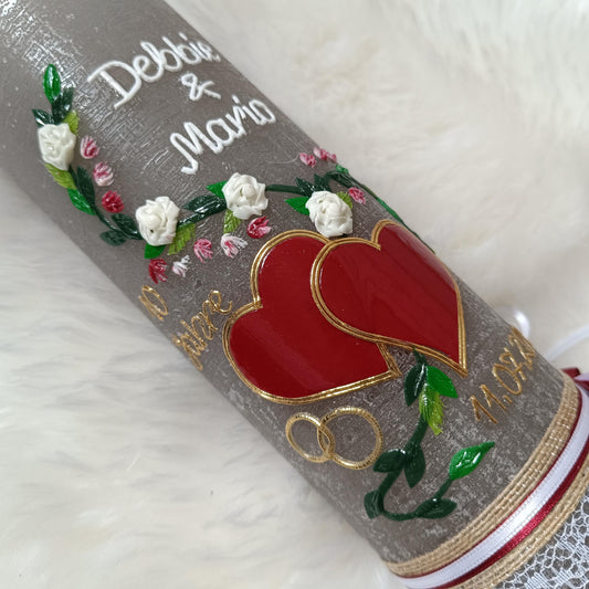 Hochzeitskerze Rustikal Rustica, Hochzeitkerze, Brautkerze, Wedding candle, Liebende Herzen, inkl Wachsbeschriftung