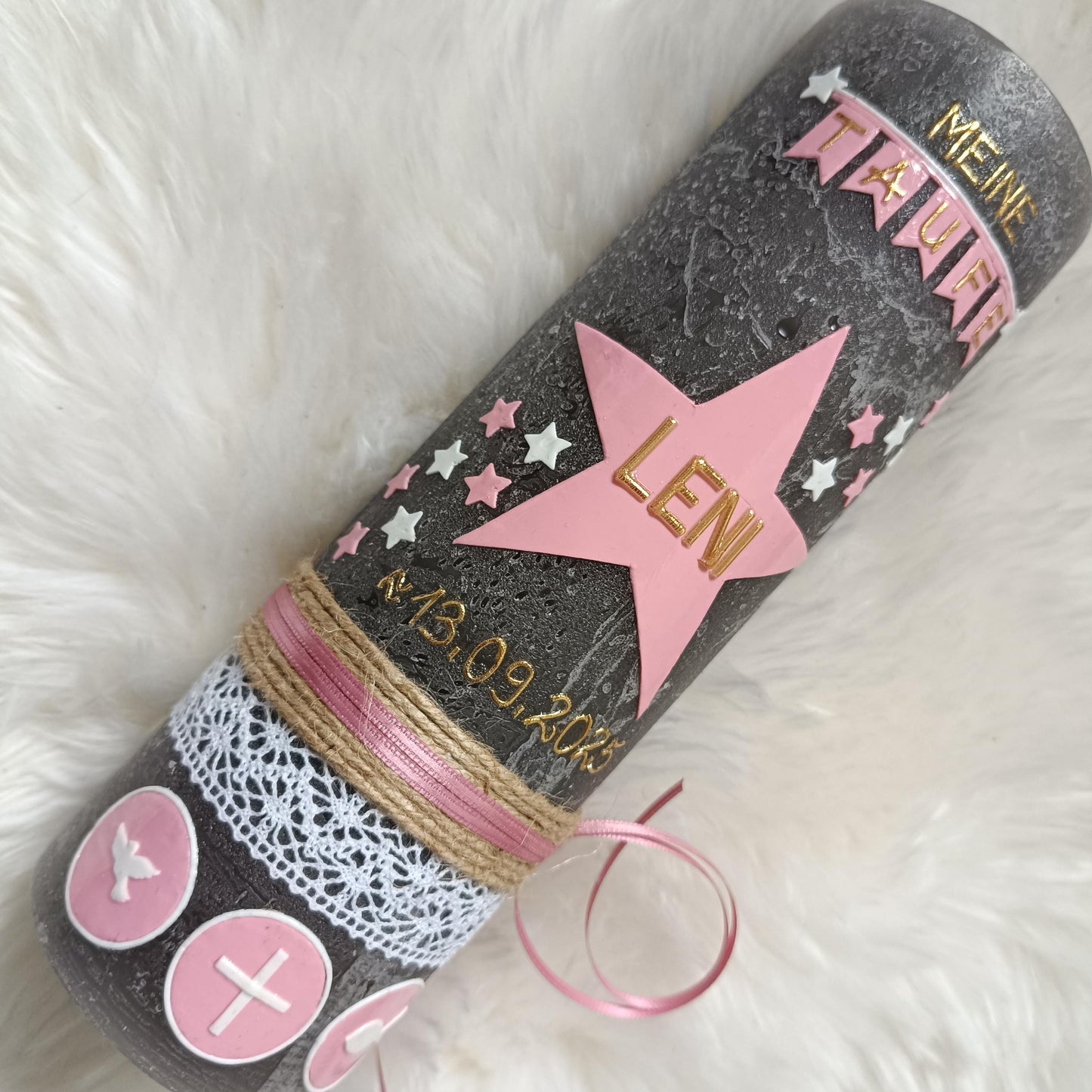 RUSTICA, VINTAGE-Look, SHABBY, Taufkerze, Mädchen, Rustikal, Stern, Wimpel, Junge, Kerze, Taufe, keine Folie, inkl Wachsbeschriftung