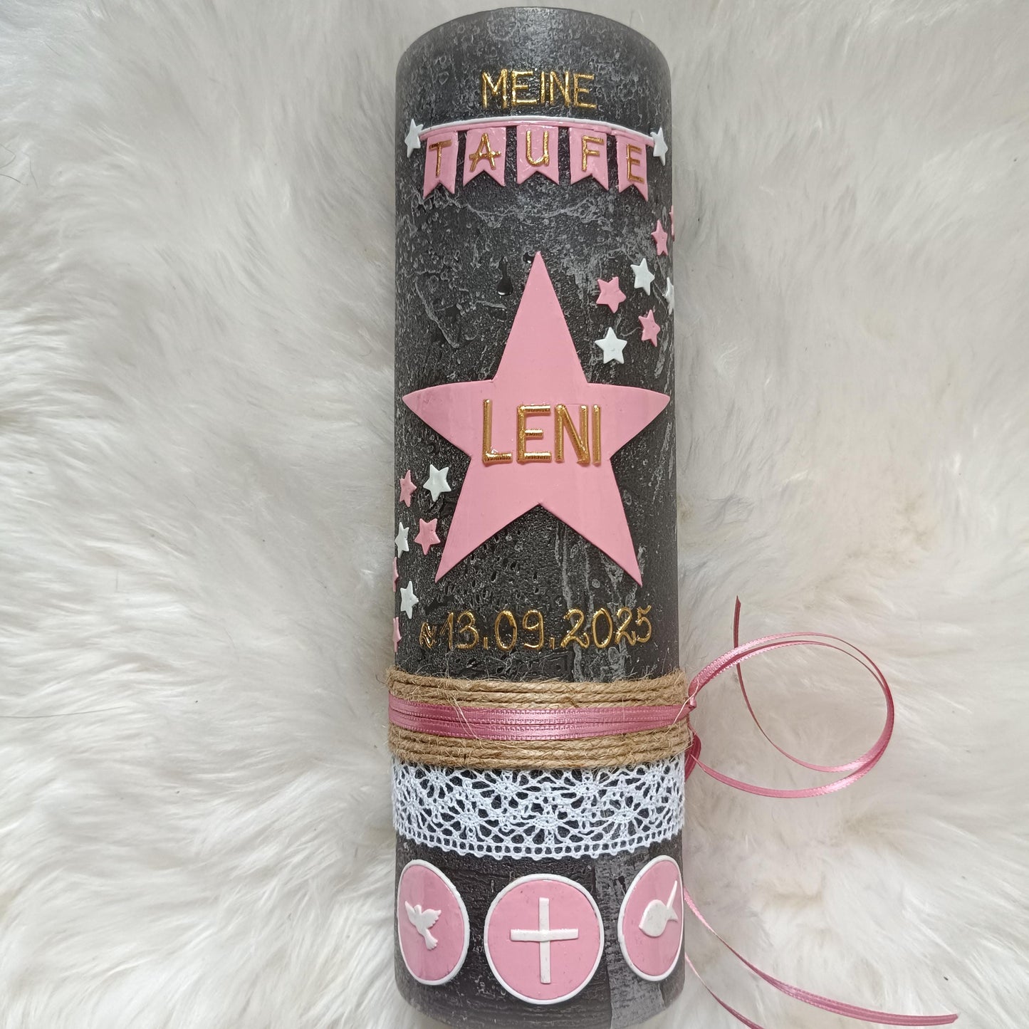 RUSTICA, VINTAGE-Look, SHABBY, Taufkerze, Mädchen, Rustikal, Stern, Wimpel, Junge, Kerze, Taufe, keine Folie, inkl Wachsbeschriftung