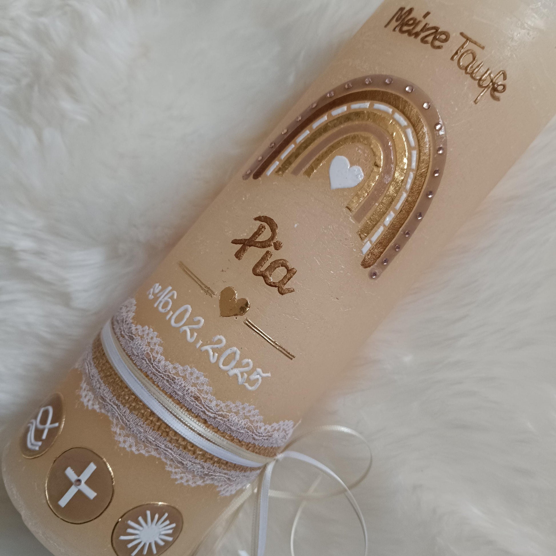 Taufkerze Rustica Vintage-Look Shabby Rustikal, Regenbogen Kreuz Herz Fisch Jungen beige creme Farbwünsche, Mädchen inkl Wachsbeschriftung