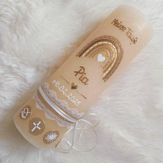 Taufkerze Rustica Vintage-Look Shabby Rustikal, Regenbogen Kreuz Herz Fisch Jungen beige creme Farbwünsche, Mädchen inkl Wachsbeschriftung