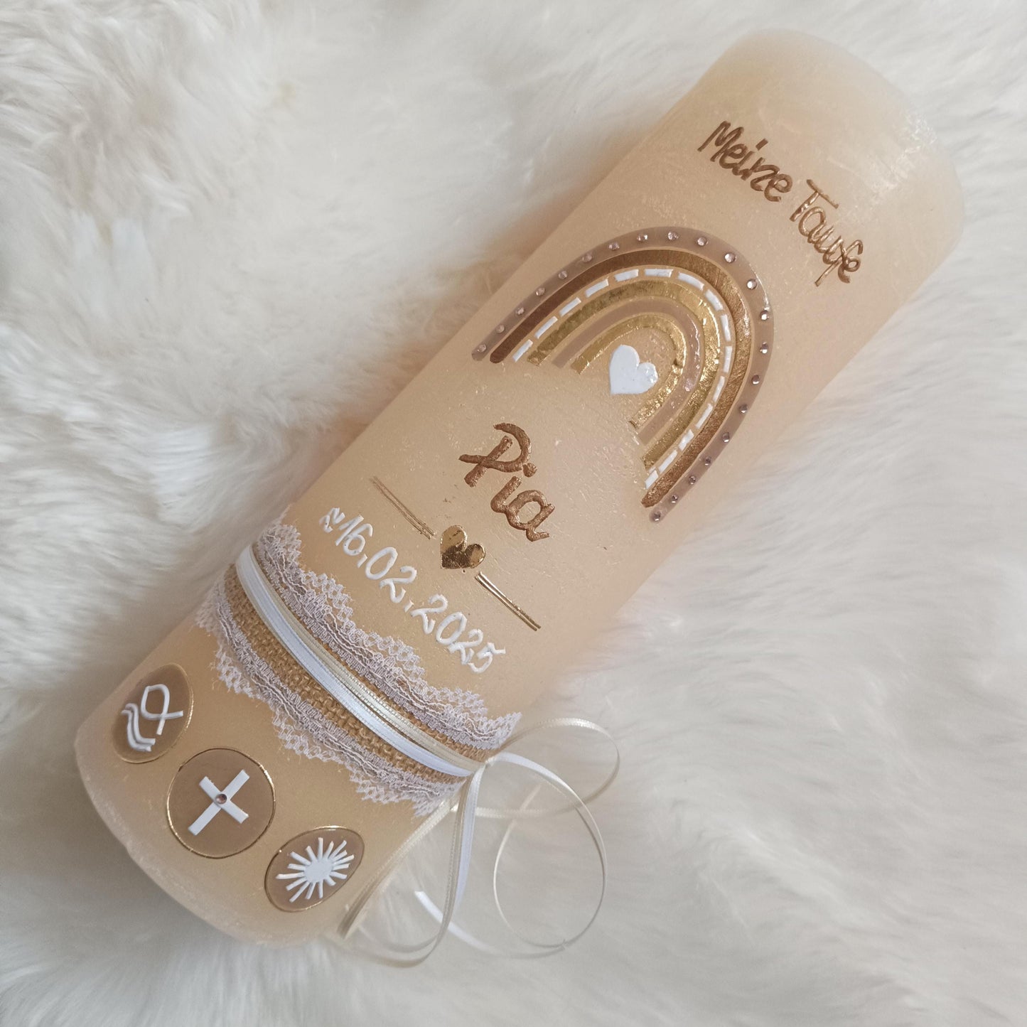 Taufkerze Rustica Vintage-Look Shabby Rustikal, Regenbogen Kreuz Herz Fisch Jungen beige creme Farbwünsche, Mädchen inkl Wachsbeschriftung