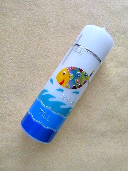 Taufkerze bunter Fisch, inkl Beschriftungen, Farbwünsche möglich, Jungen, Mädchen, Taufe, katholisch, evangelisch, Kreuz