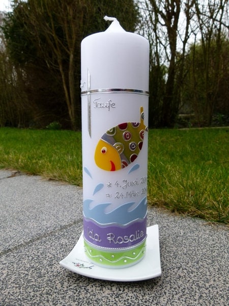 Taufkerze, bunter Fisch, Fisch, Kreuz, Wasser lila, Mädchen, Jungen