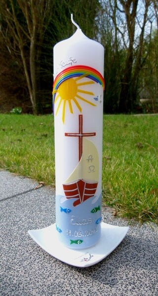 Taufkerze Boot, Arche, Noah, Sonne, Regenbogen, Taube, Kreuz, Wasser, inkl. Beschriftung, Farbwünsche möglich, Mädchen, Jungen, keine Folie