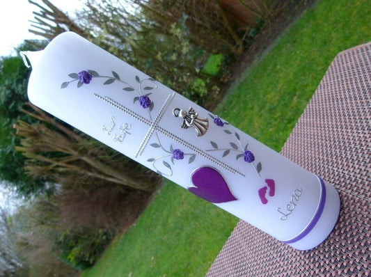 Taufkerze Mädchen, Taufkerze Kreuz, Taufkerze Schutzengel, lila