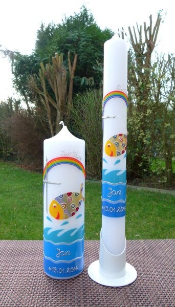 TAUFKERZEN SET bunter Fisch, inkl. Beschriftung, Farbwünsche möglich, Jungen, Mädchen, Taufe, katholisch, evangelisch, Wachsverzierungen