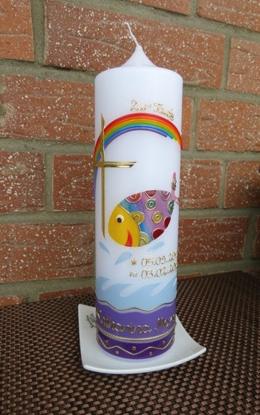 TAUFKERZE bunter Fisch, Kreuz, Regenbogen, inkl. Beschriftung, Farbwünsche möglich, Mädchen, Jungen, Taufe, katholisch, evangelisch, bunt