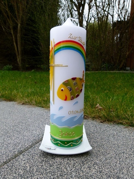 Taufkerze bunter Fisch - Original - Wasser - Mädchen - Kerze - Taufe - Handarbeit - keine Folie - inkl. Wachsbeschriftung, Sonne, Regenbogen