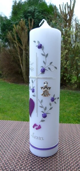 Taufkerze Mädchen, Taufkerze Kreuz, Taufkerze Schutzengel, lila