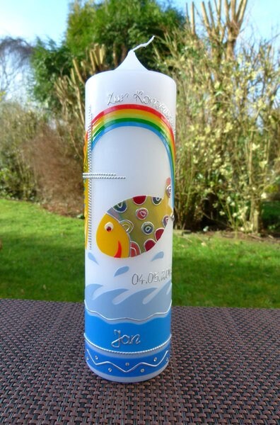 Kommunionkerze, bunter Fisch, Sonne, Regenbogen, Kreuz, Mädchen, Jungen, bunt