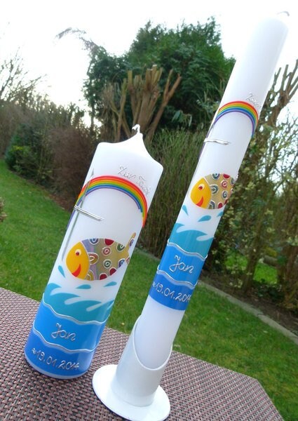 TAUFKERZEN SET bunter Fisch, inkl. Beschriftung, Farbwünsche möglich, Jungen, Mädchen, Taufe, katholisch, evangelisch, Wachsverzierungen