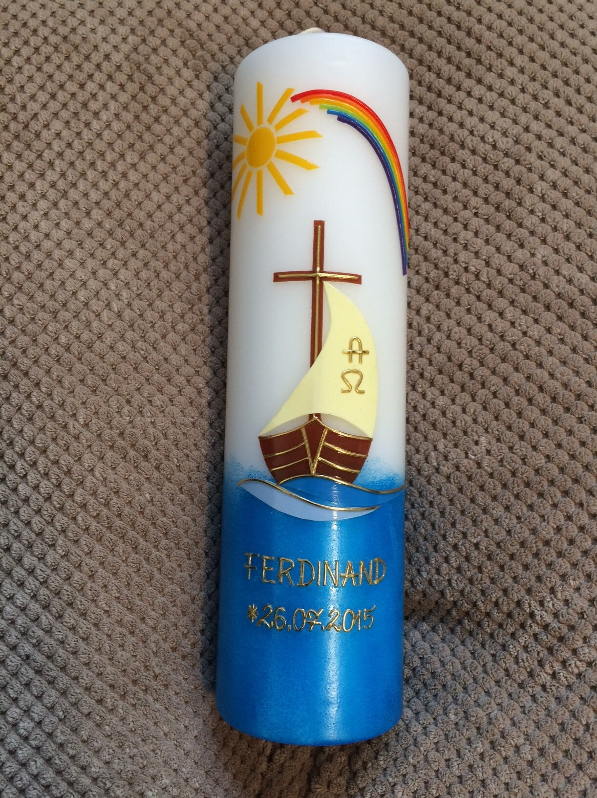 TAUFKERZE, Boot, Arche Noah, Mit Jesus in einem Boot, Sonne Regenbogen, Kreuz, inkl. Beschriftungen , Farbwünsche möglich, Mädchen, Jungen