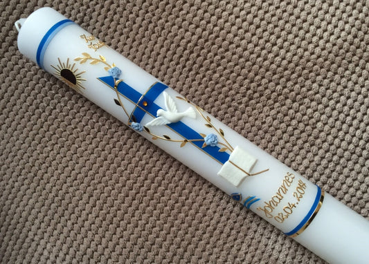 Taufkerze / Kommunionskerze, Erstkommunion, inkl. Beschriftungen, Farbwünsche möglich, Mädchen, Jungen, Kreuz, Taube, Ranke, Sonne, Bibel