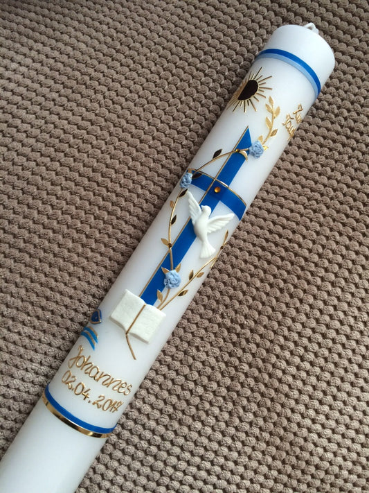 Taufkerze / Kommunionskerze, Erstkommunion, inkl. Beschriftungen, Farbwünsche möglich, Mädchen, Jungen, Kreuz, Taube, Ranke, Sonne, Bibel