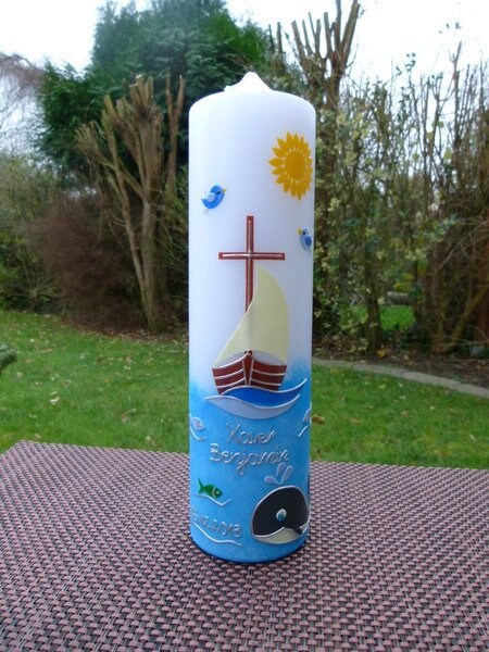 TAUFKERZE Boot, Arche, Schiff, Mit Jesus in einem Boot, Wal, Sonne, inkl. Beschriftung, Farbwünsche möglich, Mädchen, Jungen, katholisch