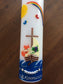 Taufkerze Boot, Arche Noah, Mit Jesus in einem Boot, Kreuz, Sonne, Regenbogen, Mädchen, Junge, Wachverzierungen, Kunststoffperlen, Name