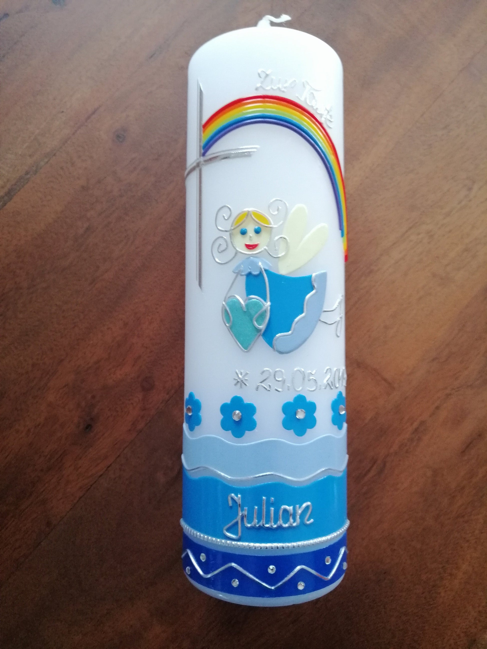 Taufkerze, Schutzengel, Jungen, Kreuz, Sonne, Regenbogen, blau, Fee, Engel, Farbwünsche möglich, auch für Mädchen