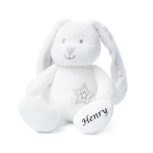 Personalisierter Baby Hase JIMMIE Kuscheltier Spielfigur mit Rassel, Taufhase