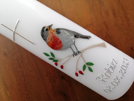 Taufkerze Vogel Rotkehlchen , inkl. Beschriftung, Mädchen, inkl Beschriftung,