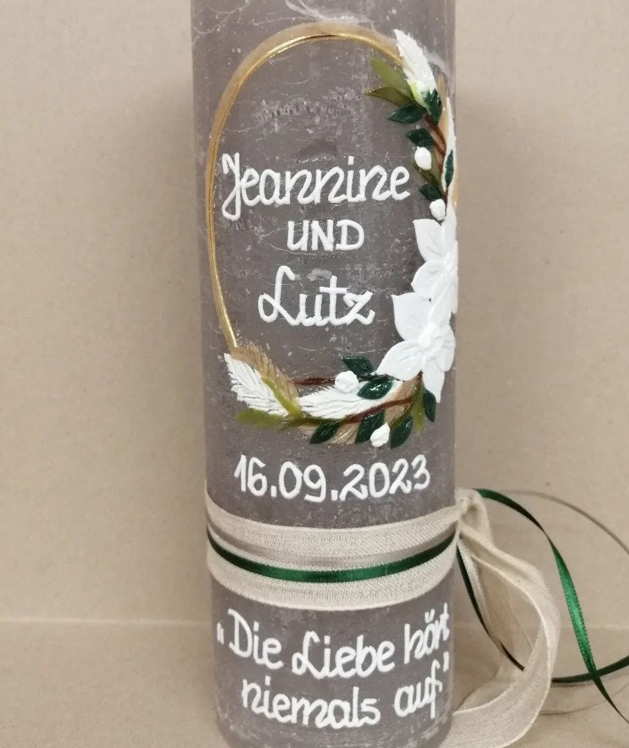 Hochzeitskerze RUSTICA, VINTAGE-Look, SHABBY, Rustikal, Hochzeitkerze, Brautkerze Flora, inkl Wachsbeschriftung